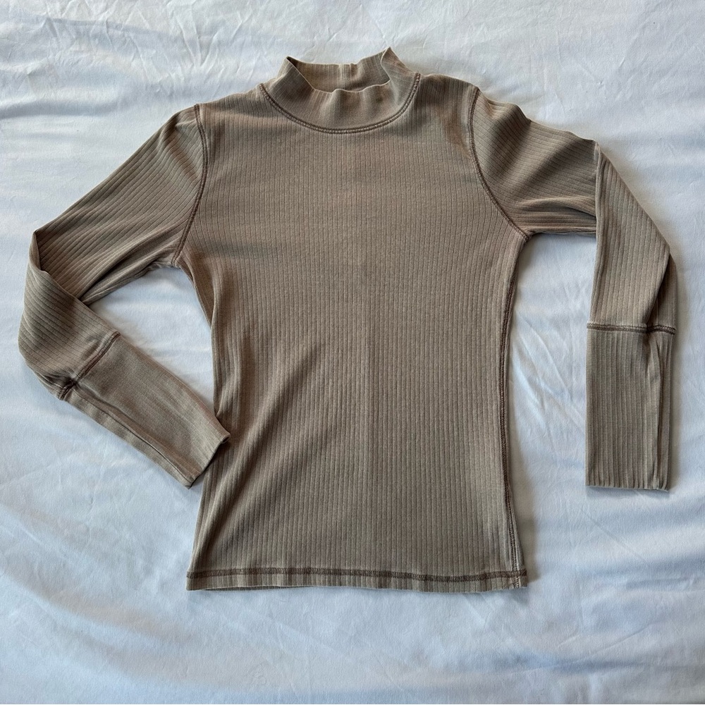 Free People Taupe Ribbed Long Sleeve Top